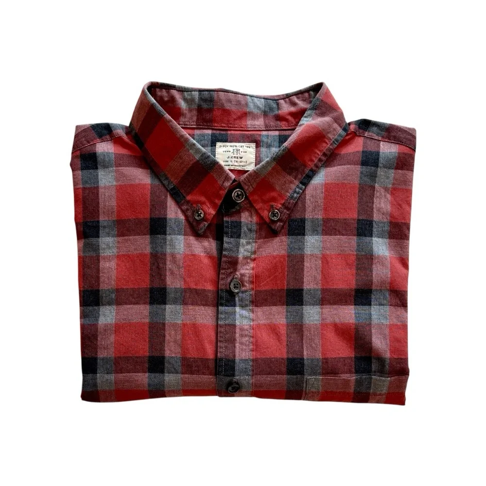 J.Crew 2-Ply Cotton Button Down Shirt Red Gray Black Check Plaid Long Sleeve L